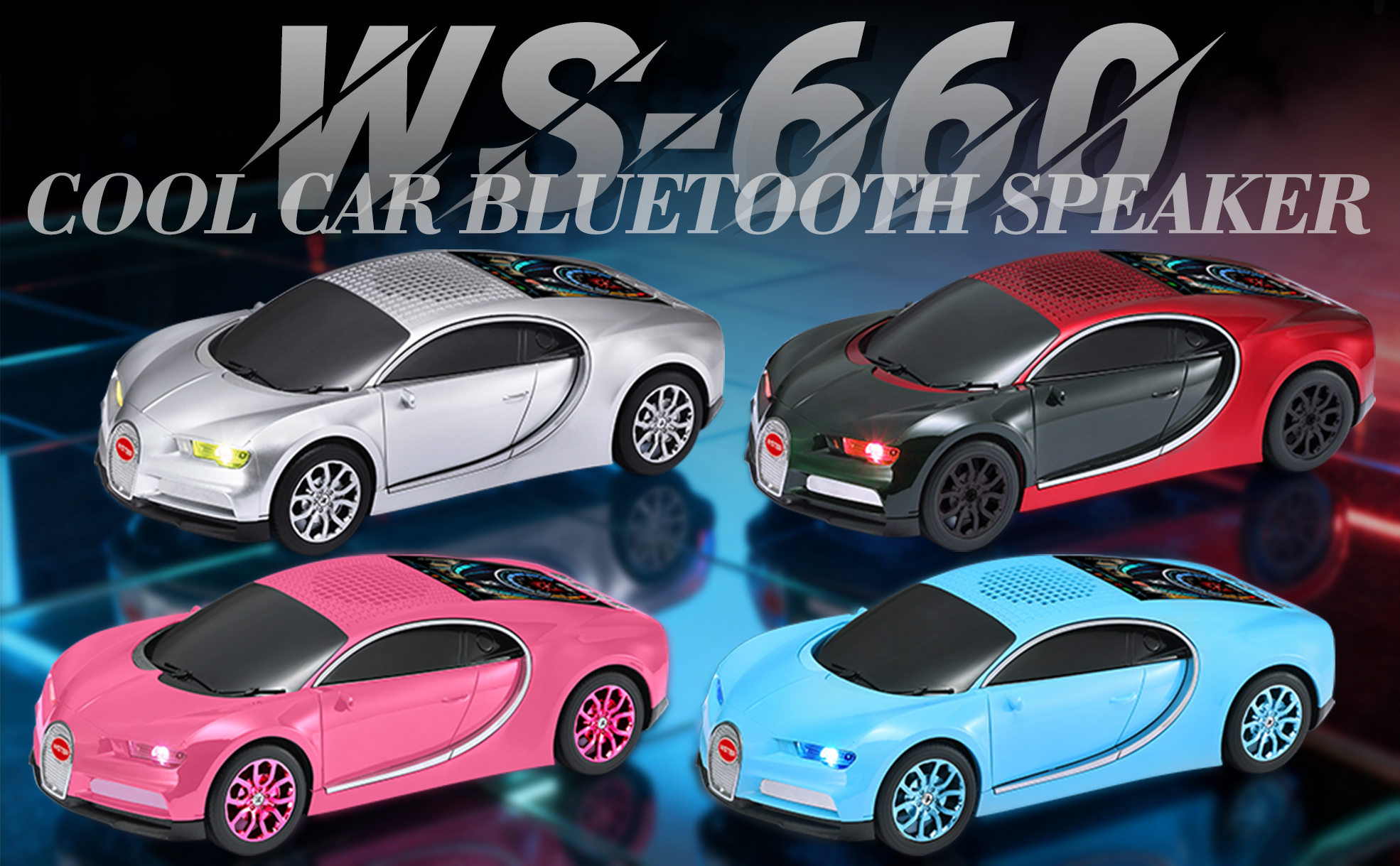 thumbnail video image 2 of WSTER WS-660 portable Bluetooth speaker is a cool, car-shaped wireless speaker with LED lights, an FM radio, and TF card support.Suitable for desktop decorations/computer use/outdoor use/party use, 2 of 10