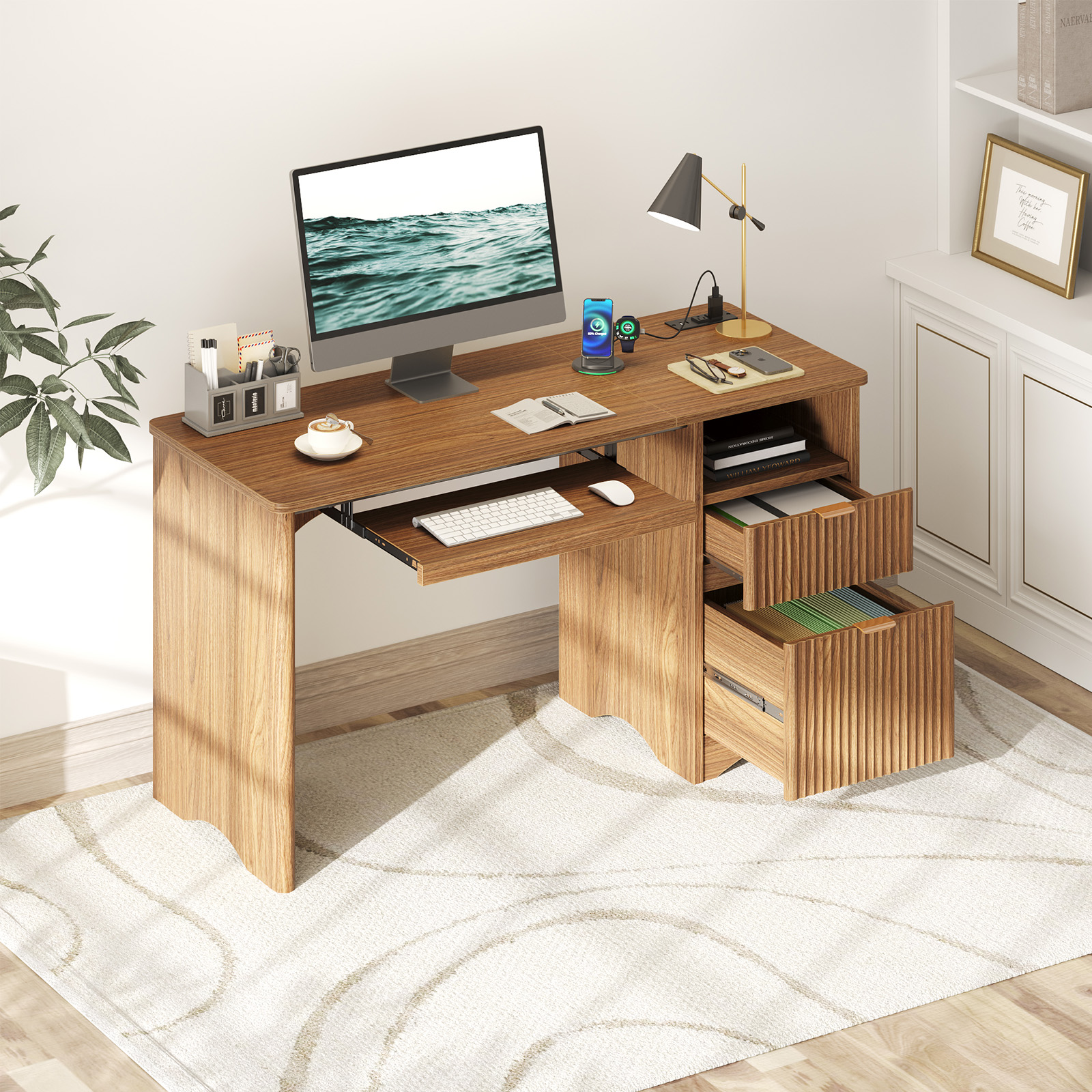 thumbnail video image 2 of Bestier 55" Computer Writing PC Desk Home Office with Power Outlets Keyboard Tray and Storage Drawers, Log, 2 of 9