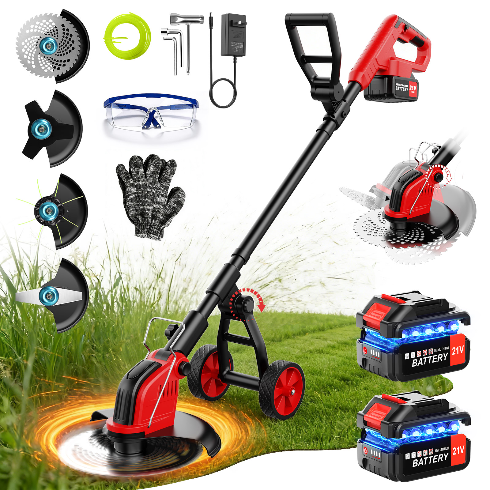 thumbnail video image 2 of Tanbaby 12-inch Cordless Weed Wacker, 21V Electric Weed Eater, with 2 x 3.0 Ah Battery & 4 Types Blades, Brush Cutter/Grass Trimmer with Wheel for Yard Garden Clearing, 2 of 10