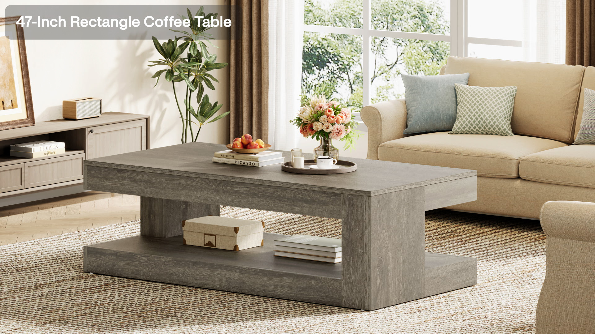 thumbnail video image 2 of Finmind Rectangular Coffee Table for Living Room, 47.24-inch Farmhouse 2-Tier Accent Center Tea Cocktail Table with Storage, Brown, 2 of 9