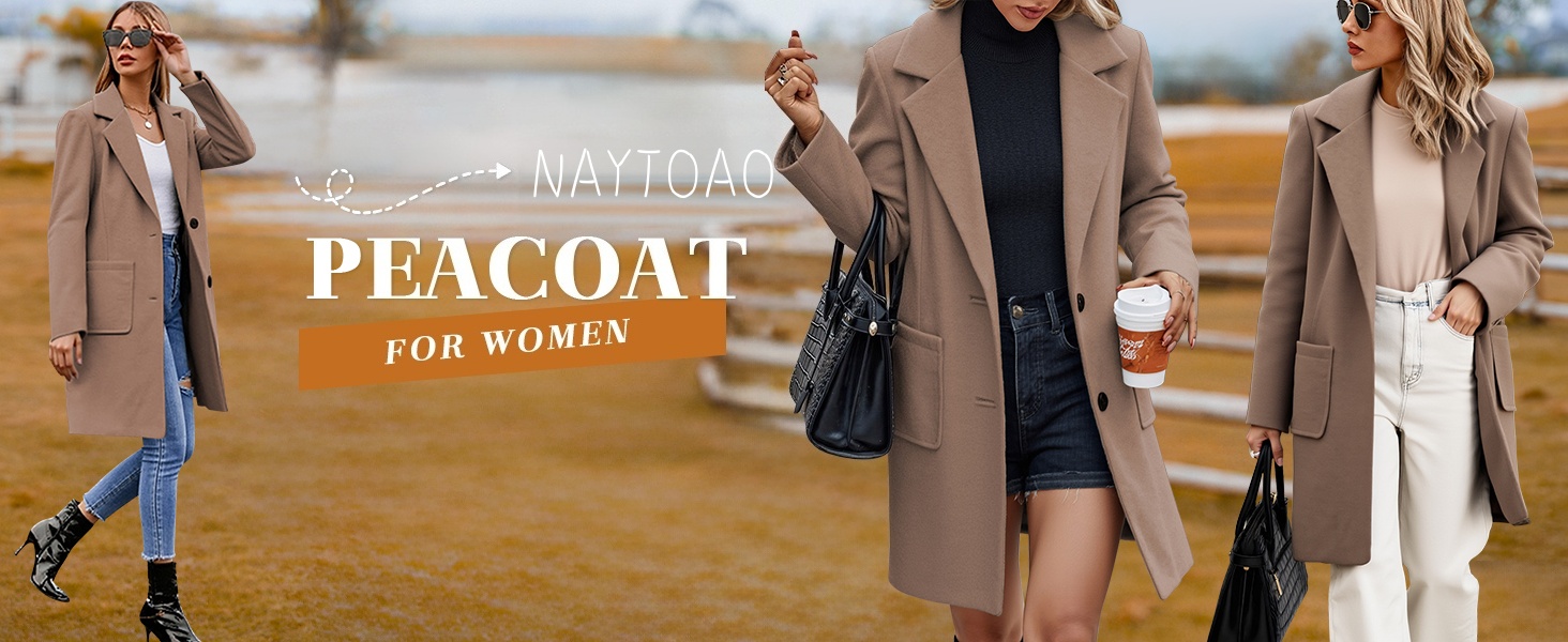 thumbnail video image 2 of NAYTOAO Women's Notched Lapel Mid Length Wool Blend Coat, Single Breasted Loose Fit Long Overcoat with Pockets, Fall Winter Casual Office Outerwear Jacket, 2 of 7
