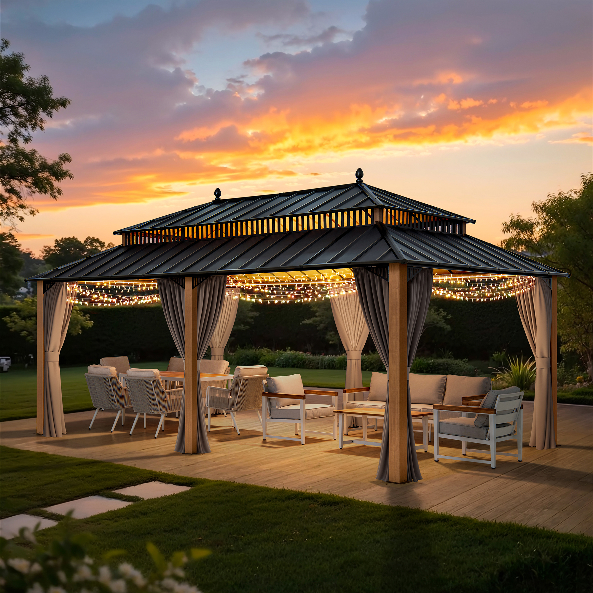 thumbnail video image 2 of Sunjoy 20x12 Outdoor Gazebo, Steel Hardtop Clearance Gazebo with Curtain and Netting ,Kingston Series, 2 of 18
