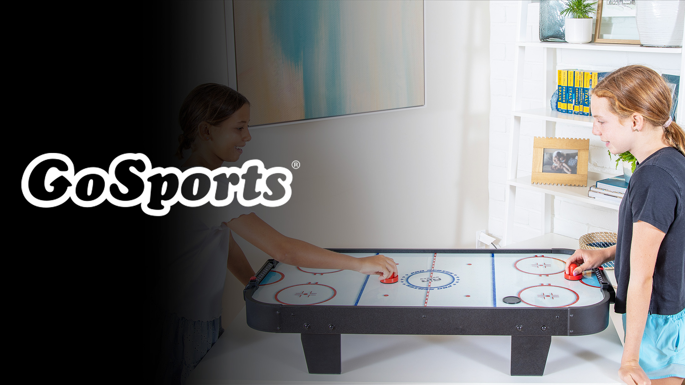 thumbnail video image 2 of GoSports 40 Inch Table Top Air Hockey Game for Kids - AC Powered Motor- Black, 2 of 7