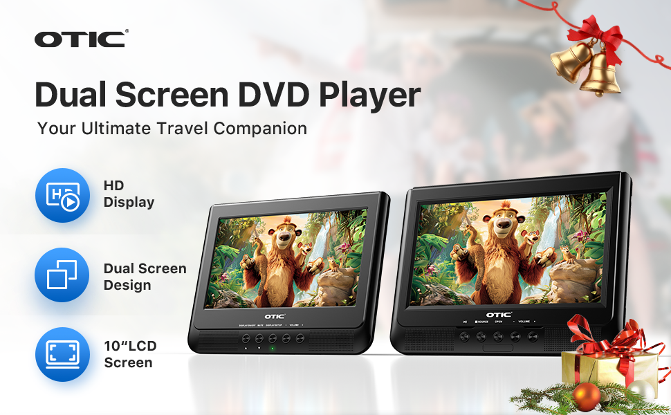 thumbnail video image 2 of OTIC 10" Dual Screen DVD Player with Digital Panel Headrest Mount Style for Car, Portable 1024 x 600 Resolution, Black, 2 of 9