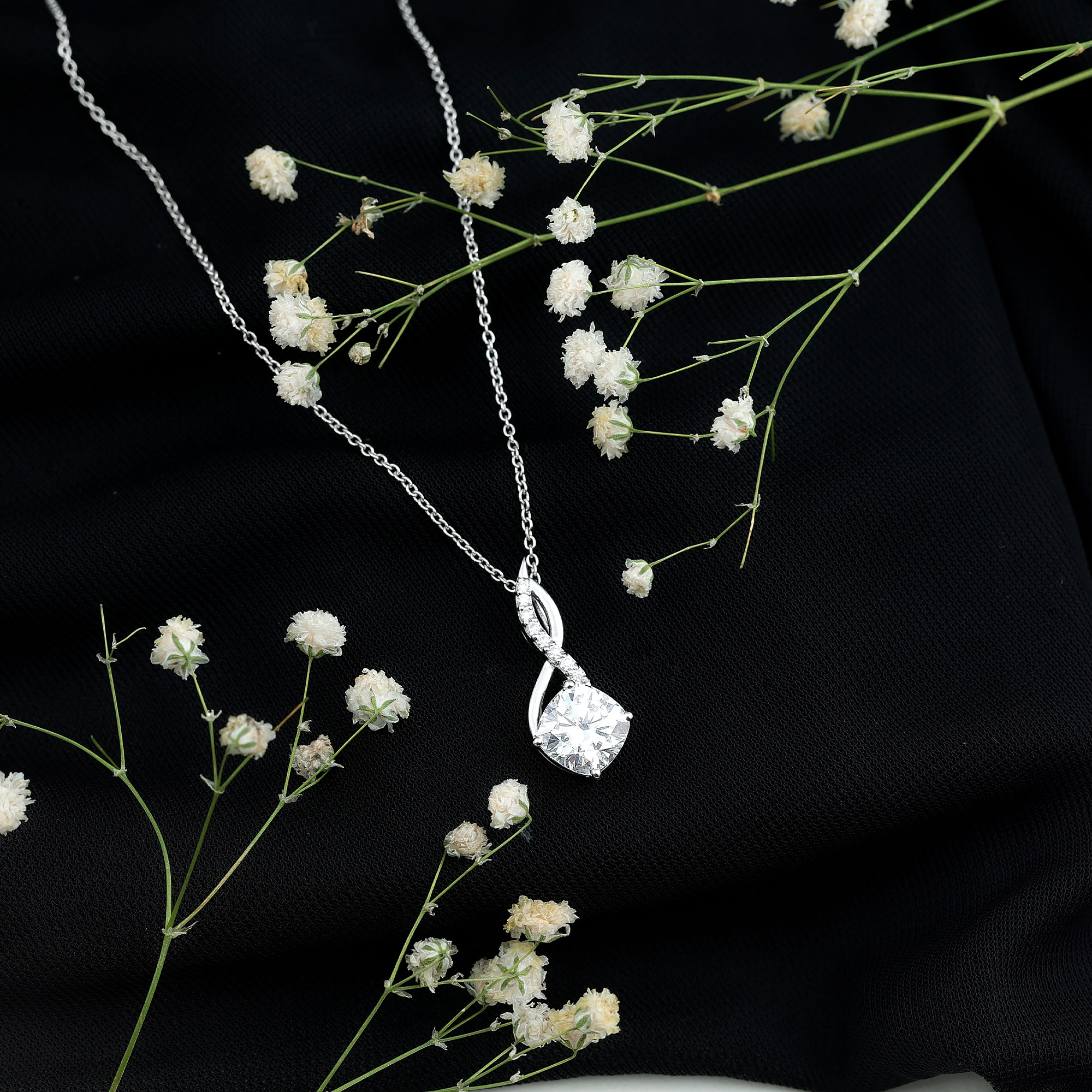 thumbnail video image 2 of Rosec Jewels Certified Moissanite Infinity Pendant Necklace - 8 mm Cushion Cut - D-VS1 Quality - Ready to Gift for Valentines Day, 10K White Gold, 2 of 7