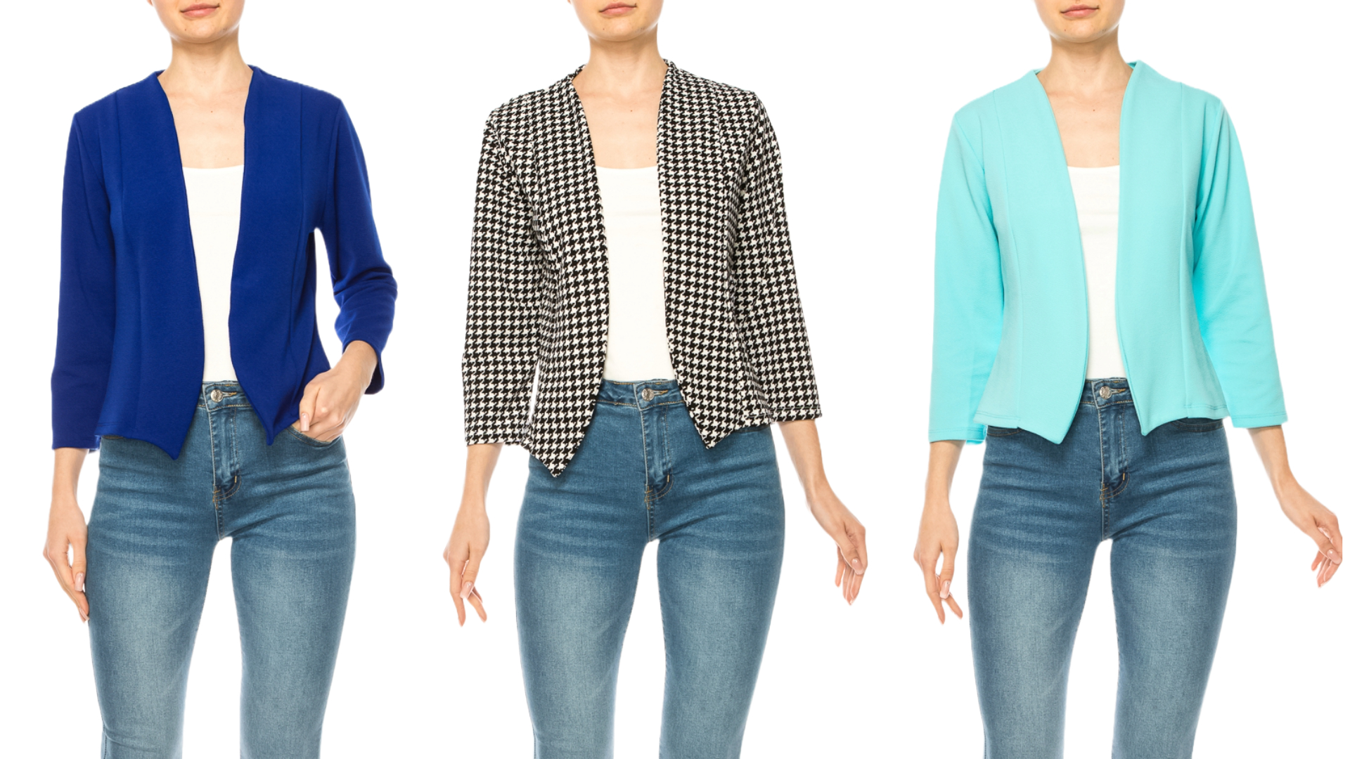 thumbnail video image 2 of Women's Collarless Blazer Open Front Sleek 3/4 Sleeves Cardigan, 2 of 6