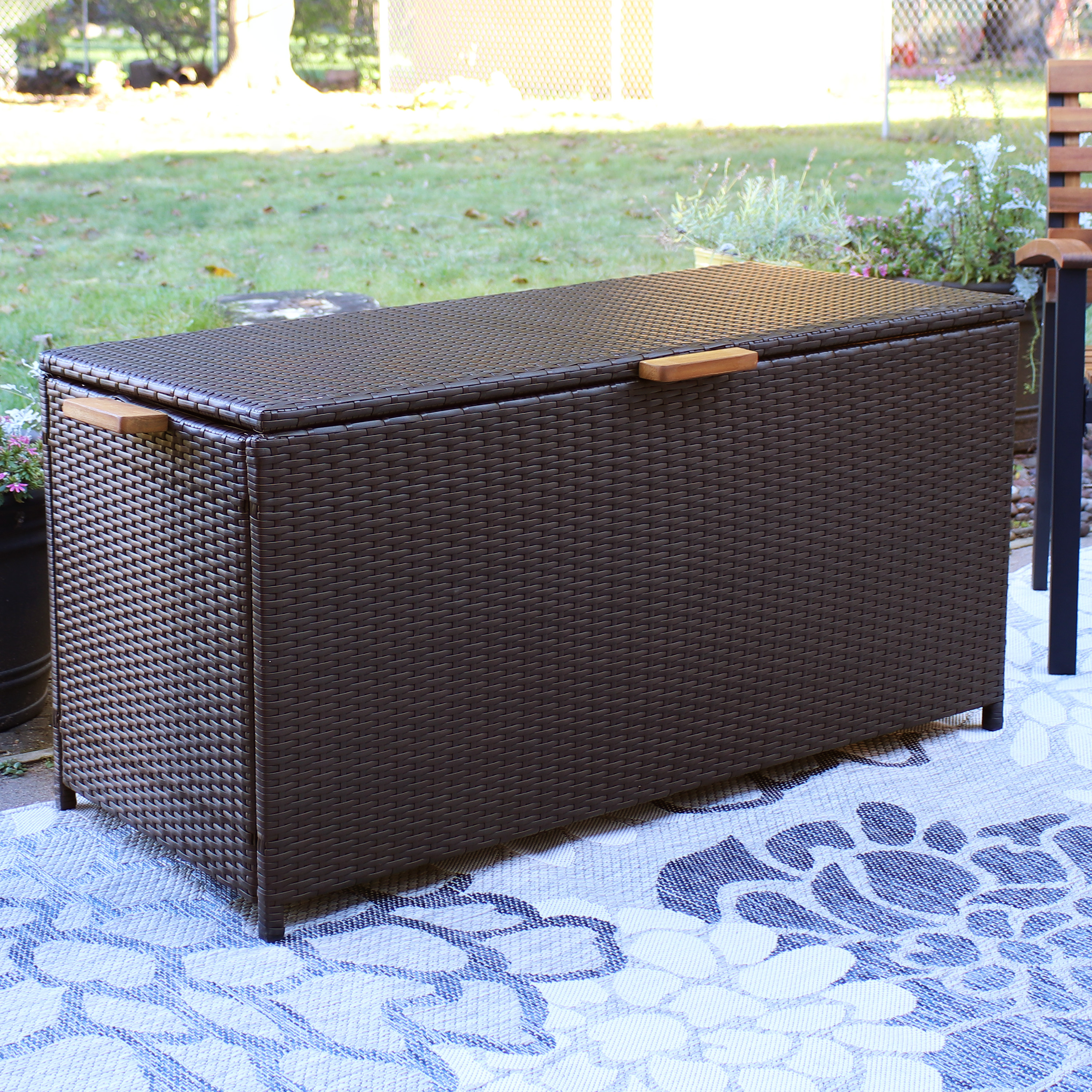 thumbnail video image 2 of Sunnydaze Outdoor Faux Wicker 75-Gallon Resin Deck Storage Box with Handles, Brown, 2 of 13