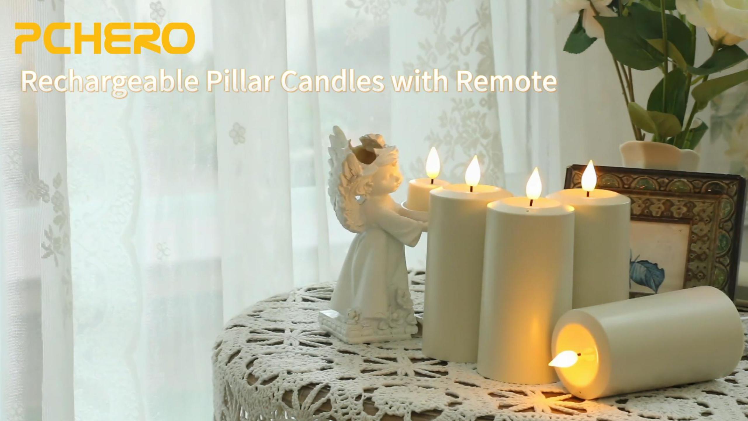 thumbnail video image 2 of PChero Rechargeable Blow Out Candles with Remote and Timer, LED Flickering Flameless Candles, Battery Operated Pillar Candles for Christmas Halloween Table Wedding Home Decor, Long Lasting, Set of 4, 2 of 12