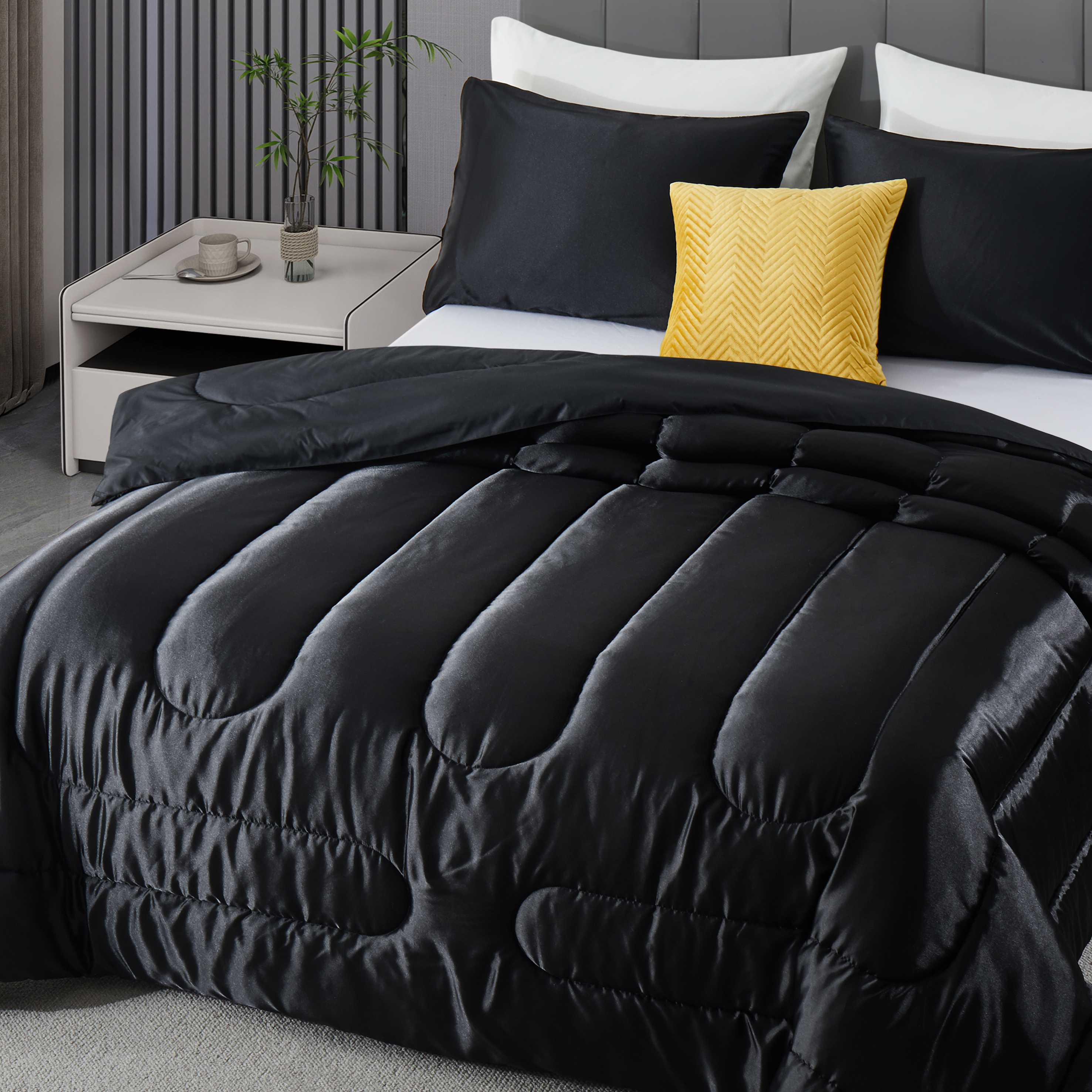 thumbnail video image 2 of Silky Satin Comforter King Size, White Reversible Summer Cooling Blanket, Breathable Lightweight Feather Down Quilted Bedding Machine Washable for All Season, 2 of 9