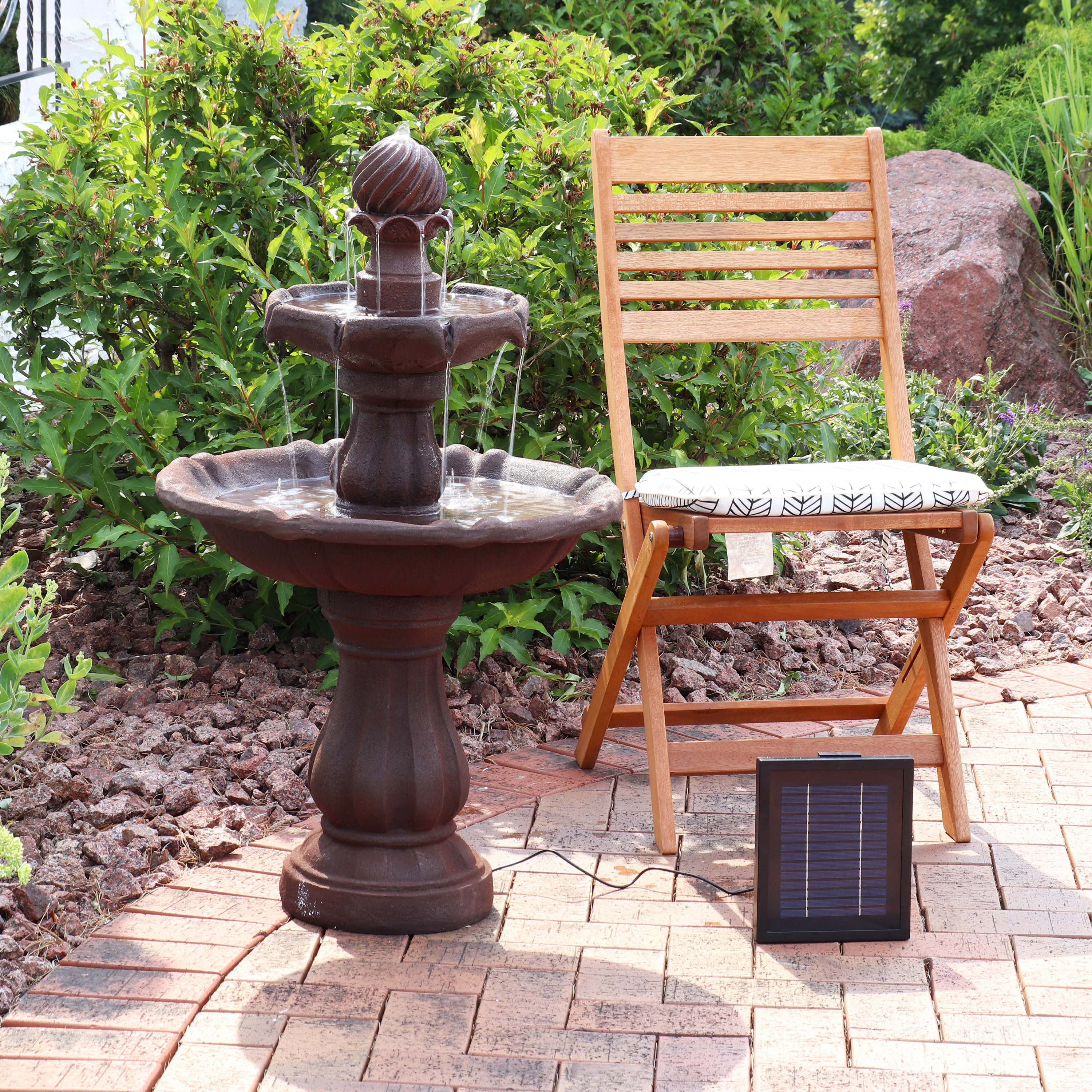 thumbnail video image 2 of Sunnydaze Traditional Rust Resin 2-Tier Solar Fountain with Battery, 2 of 14