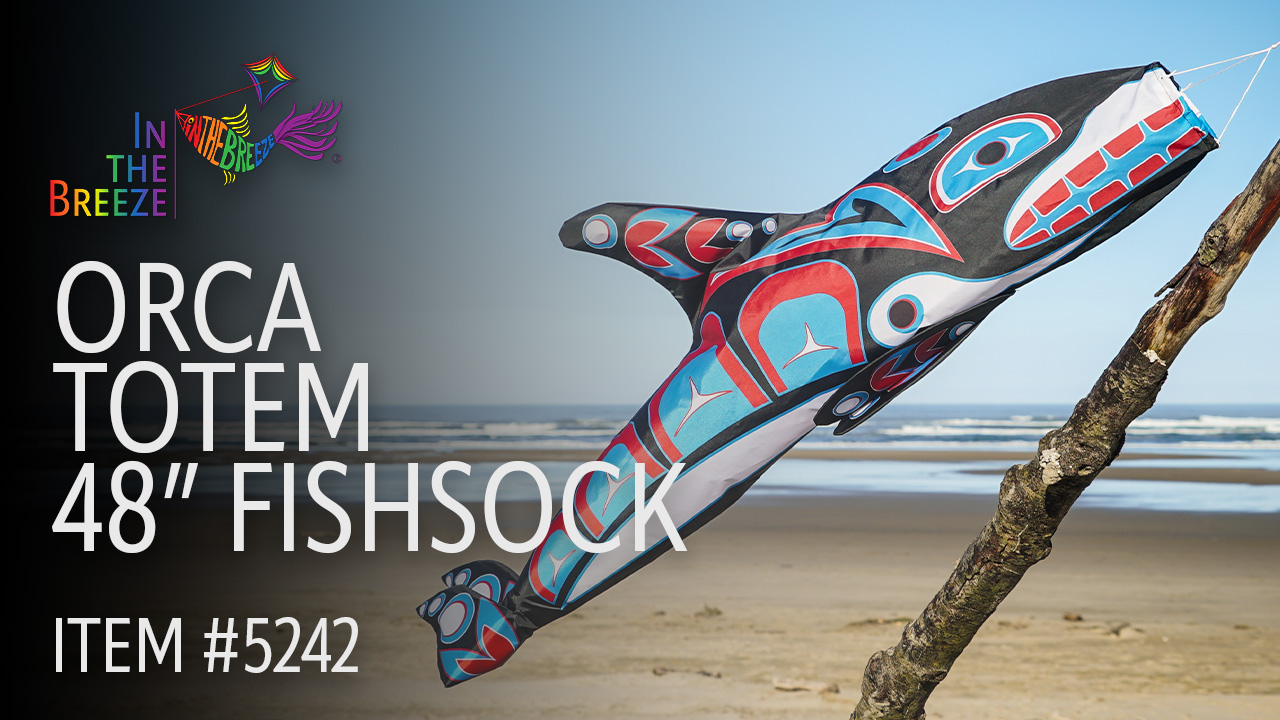 thumbnail video image 2 of In the Breeze 5242 — Orca Totem 48-inch Fish Windsock — Fully Printed PNW Native-Inspired Garden Décor, 2 of 6