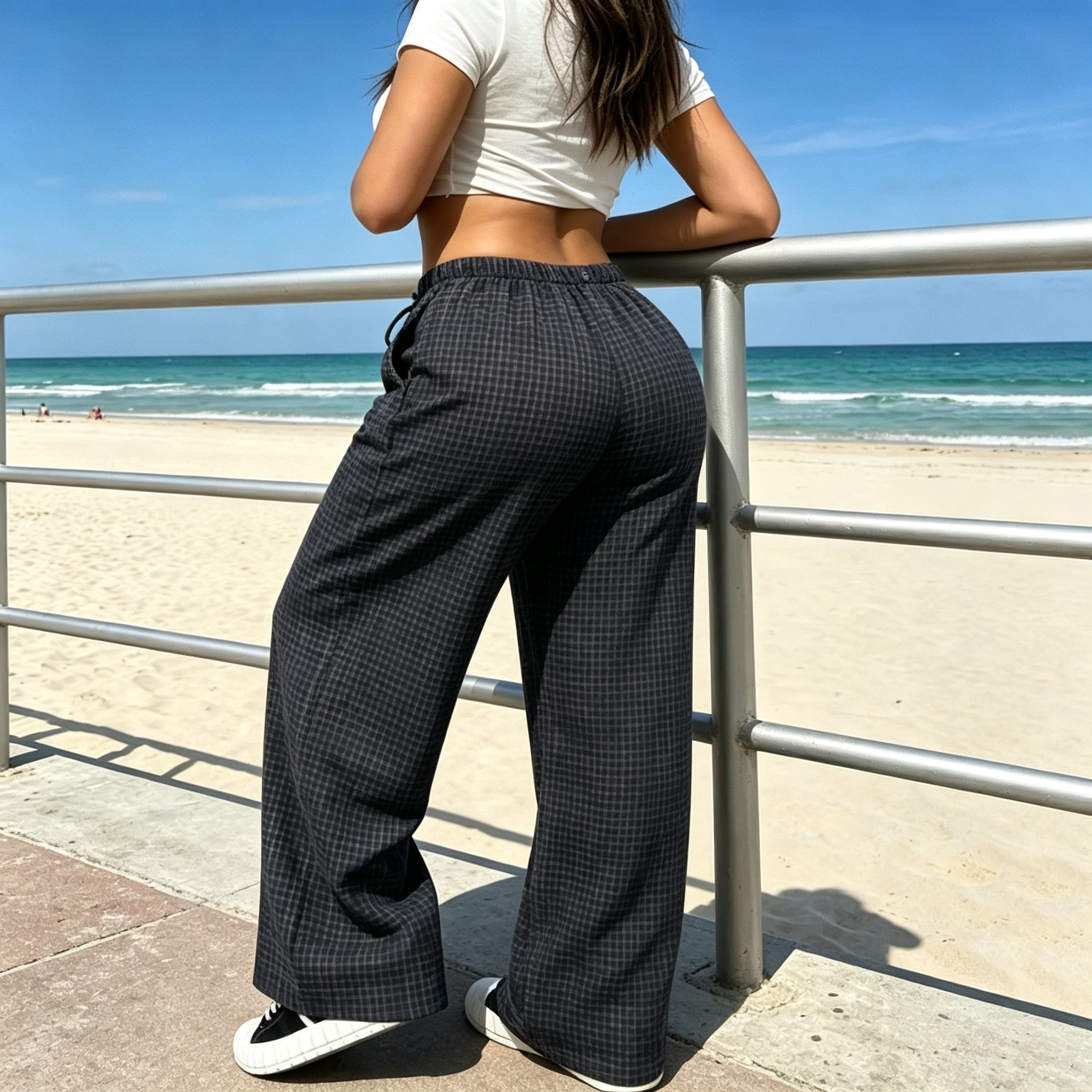 thumbnail video image 2 of Women's Fall Plaid Wide Leg Pants, Elastic Drawstring High Waist Casual Trousers with Button Decor, Loose Fit Soft Comfort Lounge Pants with Side Pockets for Daily Wear, 2 of 7