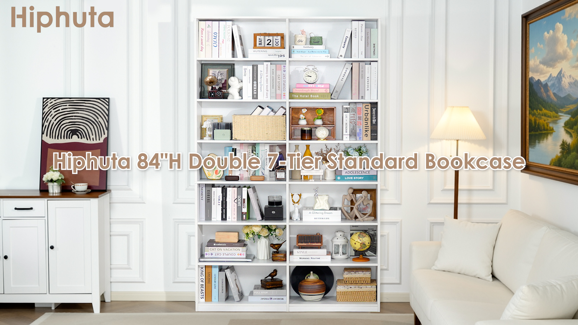 thumbnail video image 2 of Hiphuta 84"H Double Wide 7-Tier Bookcase, Large Modern Bookcase for Home Office and Living Room, Freestanding Display Book Shelves, White, 2 of 8