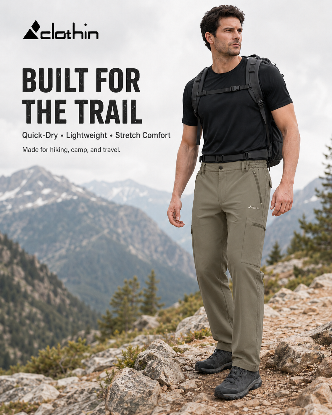 thumbnail video image 2 of Clothin Men's Elastic-Waist Travel Pant Stretchy Lightweight Thin Multi-Pockets Quick Dry Breathable(Khaki S-30) 31W x 30L, 2 of 8