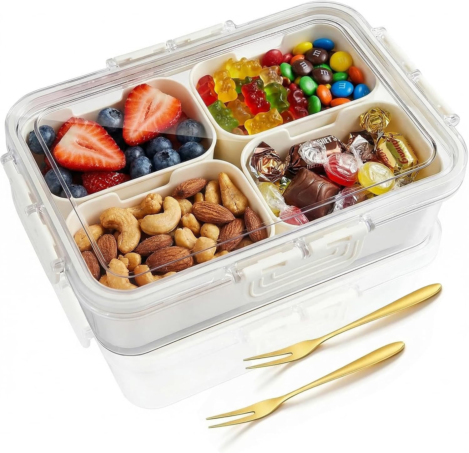 thumbnail video image 2 of LYLHZRMDGC 4 Compartment Snack Containers, Divided Serving Tray with Lid, Portable Snack Box Container, Snack Tray with Lid, 2 of 8