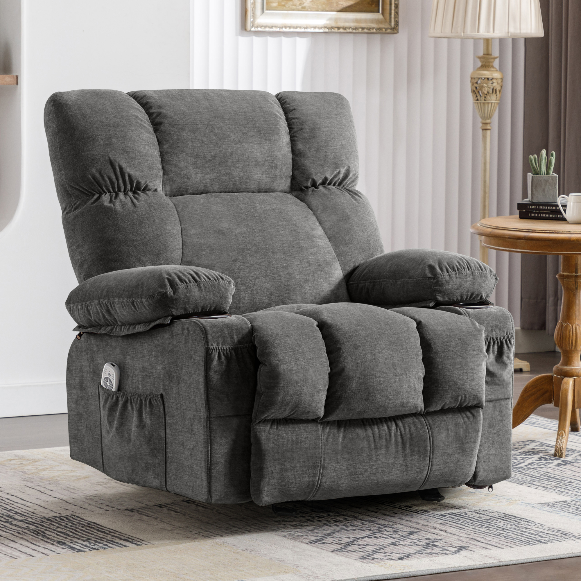 thumbnail video image 2 of JONPONY Manual Recliner Chair with Heat Therapy and Massage Function, Heavy Duty Reclining Mechanism Massage Chair, Elderly Single Rocker Sofa with Cup Holders for Bedroom Home Theater,Grey, 2 of 11