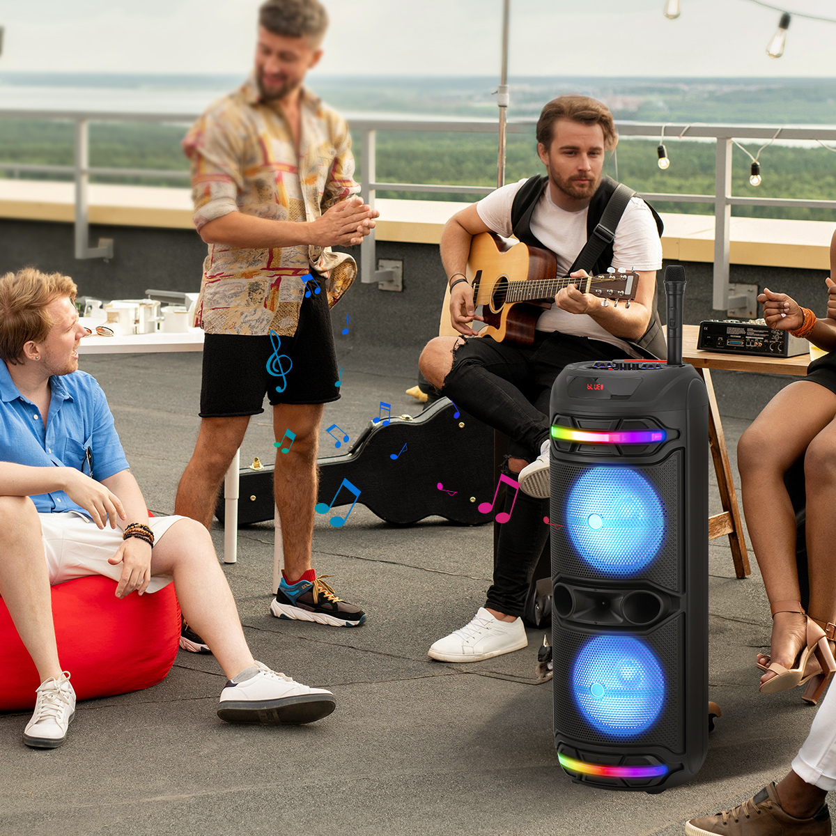 thumbnail video image 2 of Lohoms Powerful Party Speaker Bluetooth Wireless with Dual 12" Woofers, Big Portable Rechargeable Speaker with LED Lights, FM Radio & Karaoke Microphone, 2 of 11