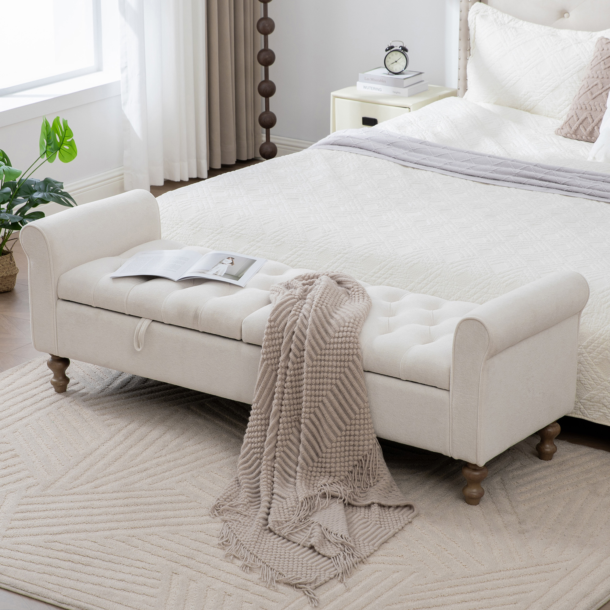 thumbnail video image 2 of Arouseden 66" Foot of Bed Storage Bench King Size,Upholstered King Size Bench for Bedroom End of Bed,Bed Ottoman Bench with Wood Legs, Napped Indoor Bench with Storage Living Room(Greige,Light Beige), 2 of 9