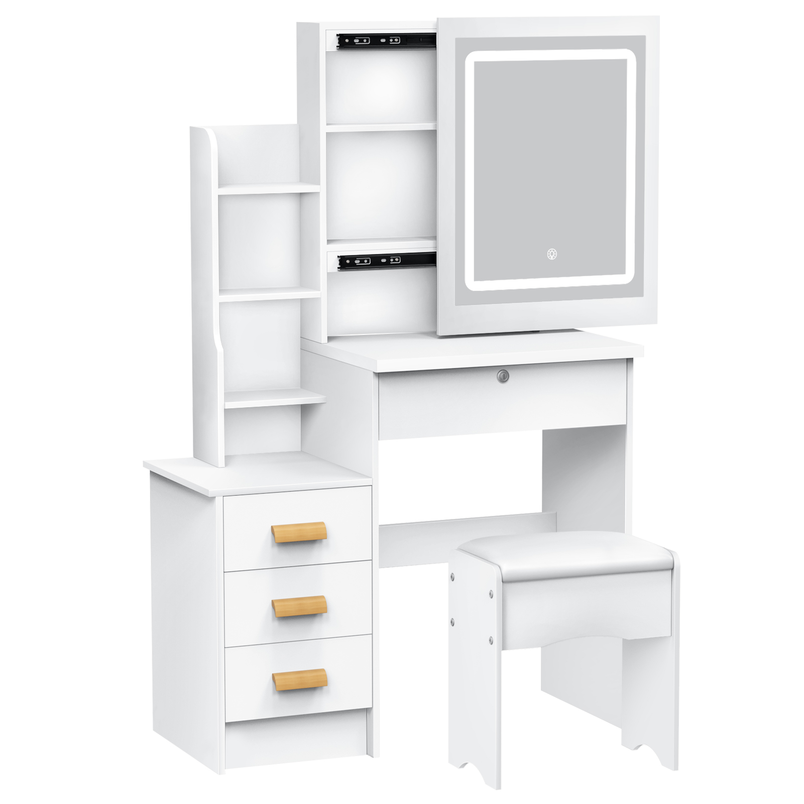 thumbnail video image 2 of Vanity Desk with Sliding Mirror and Lights,Bedroom Dressing Table,Makeup Table with Drawers & Shelves,Hidden Storage Space, 2 of 15