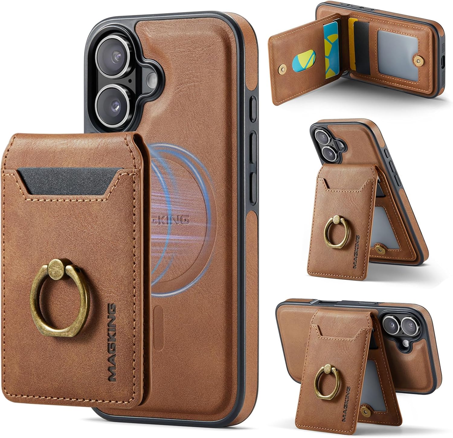 thumbnail video image 2 of 2 in 1 Detachable Magnetic Phone Cases Compatible with iPhone 16 Pro Max Case with Card Holder Ring, Compatible with Magsafe Wallet, Leather Men 6.9'' RFID Blocking (Coffee,iPhone 16 Pro Max), 2 of 10