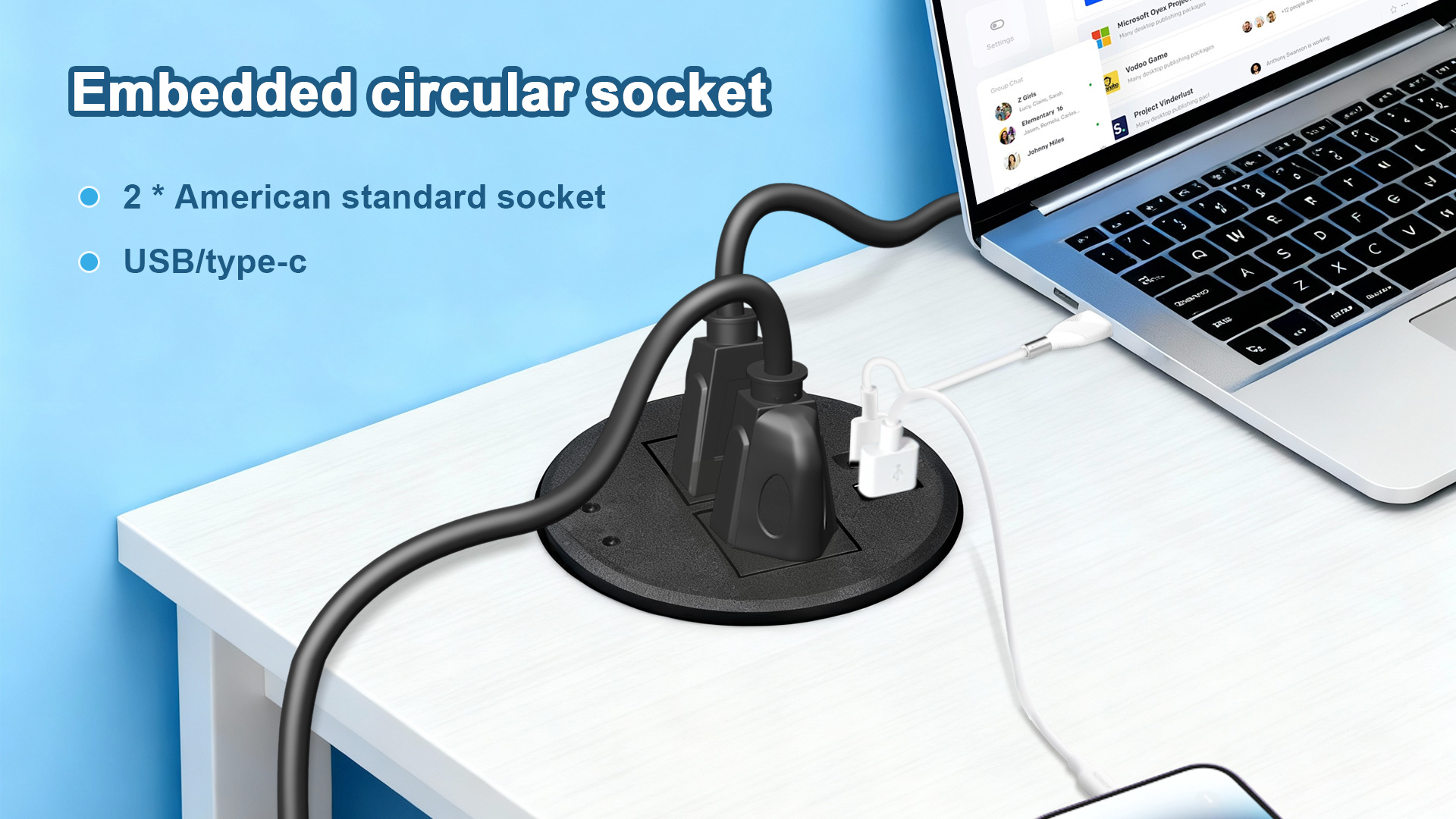 thumbnail video image 2 of ZHANGONG Desk Power Grommet with 20W USB-C Fast Charging, 3.15" Recessed Power outlet for Desk, 2 AC Outlet & 2 USB Ports, 6.5FT Cord, 2 of 9