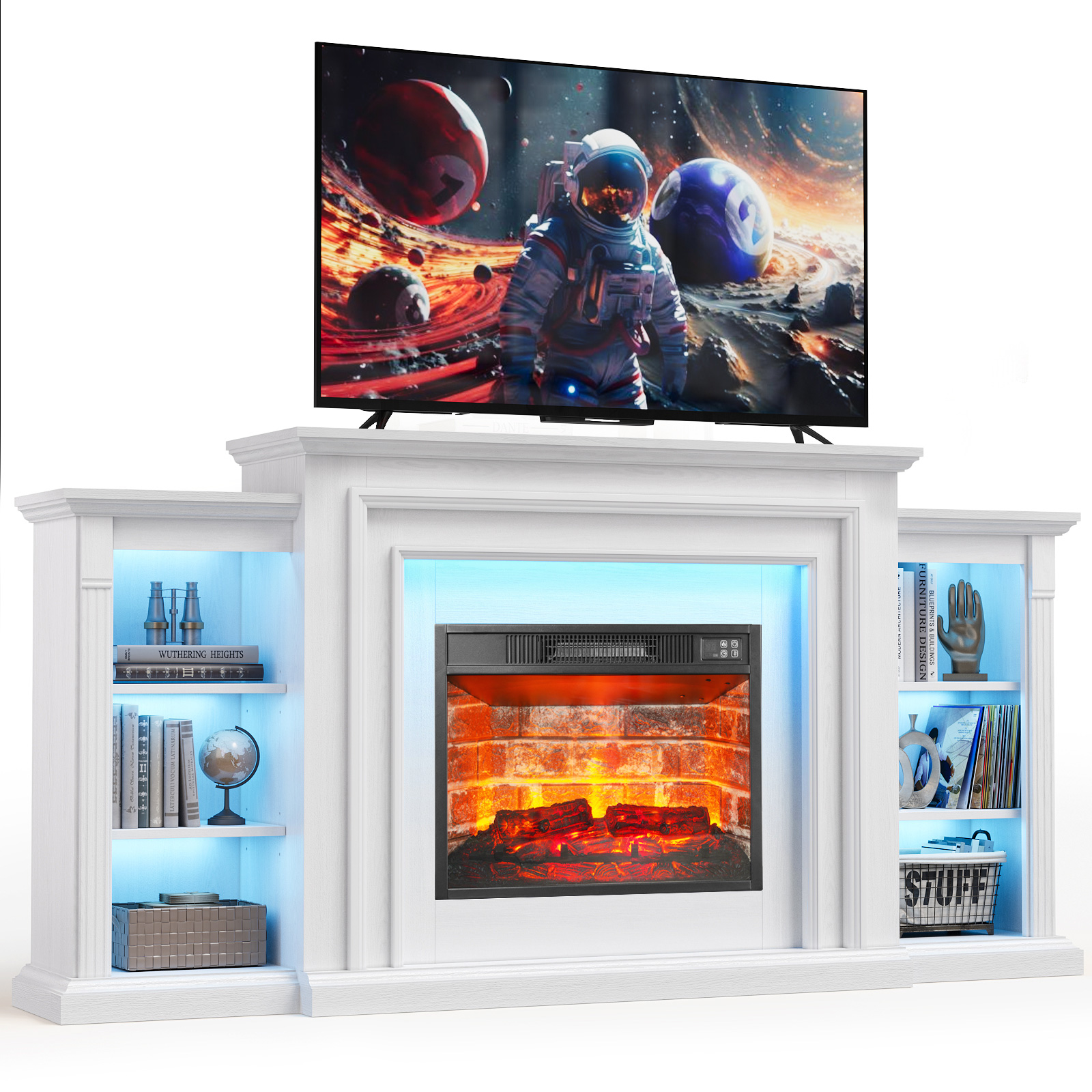 thumbnail video image 2 of 72-Inch Electric Fireplace TV Stand with Mantel, White Entertainment Center for TVs up to 80", Modern LED Media Console, 2 of 9