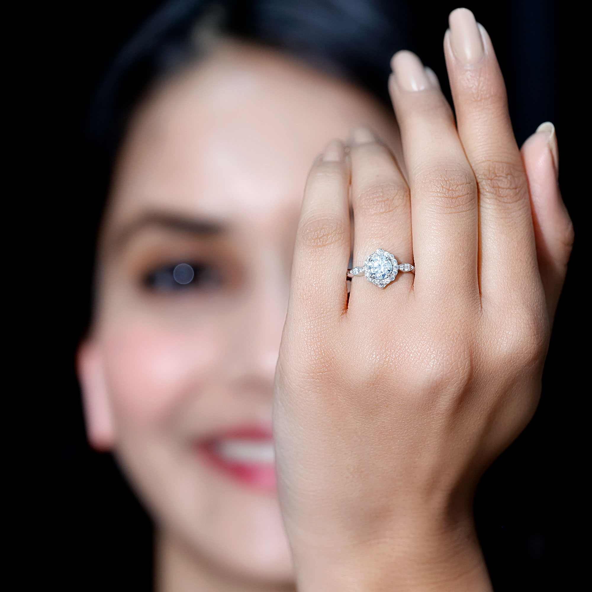 thumbnail video image 2 of Rosec Jewels - 925 Sterling Silver Vintage Ring - D-VS1 Quality Certified Moissanite Halo Ring for Women (with Hallmark), US 8.50, 2 of 9