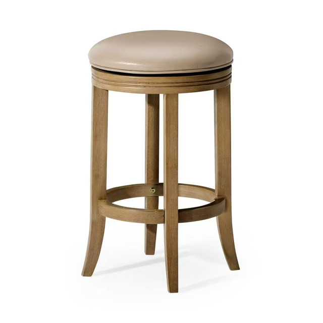 thumbnail video image 2 of Maven Lane Eva 26 Inch Tall Counter Height Rotating Backless Barstool in Weathered Oak Finish with Avanti Bone Vegan Leather Upholstered Seat, Set of 4, 2 of 12