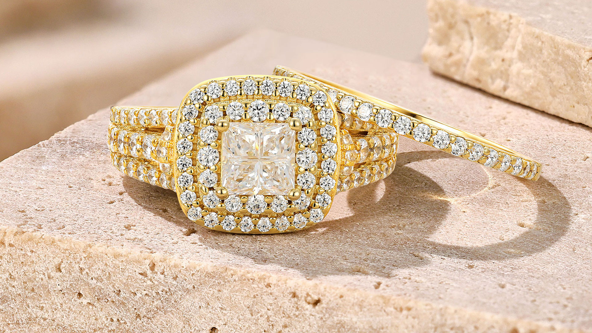 thumbnail video image 2 of Newshe Jewellery Wedding Rings for Women Princess Engagement Ring Sets 925 Sterling Silver 1.7Ct Cross Yellow Gold Cz Size 6, 2 of 7