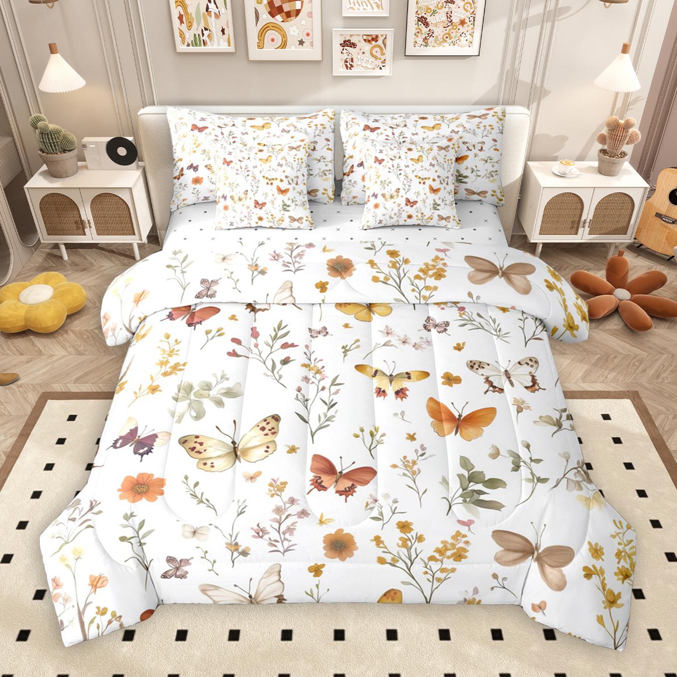thumbnail video image 2 of Manfei Bohemian Butterflies 7pcs Bedding Comforter Set,Country Floral Queen Bedding Sets,White Green Brown Queen Sheet Sets For Teens Girls,Uper Cozy Room Decor Reversible, 2 of 9