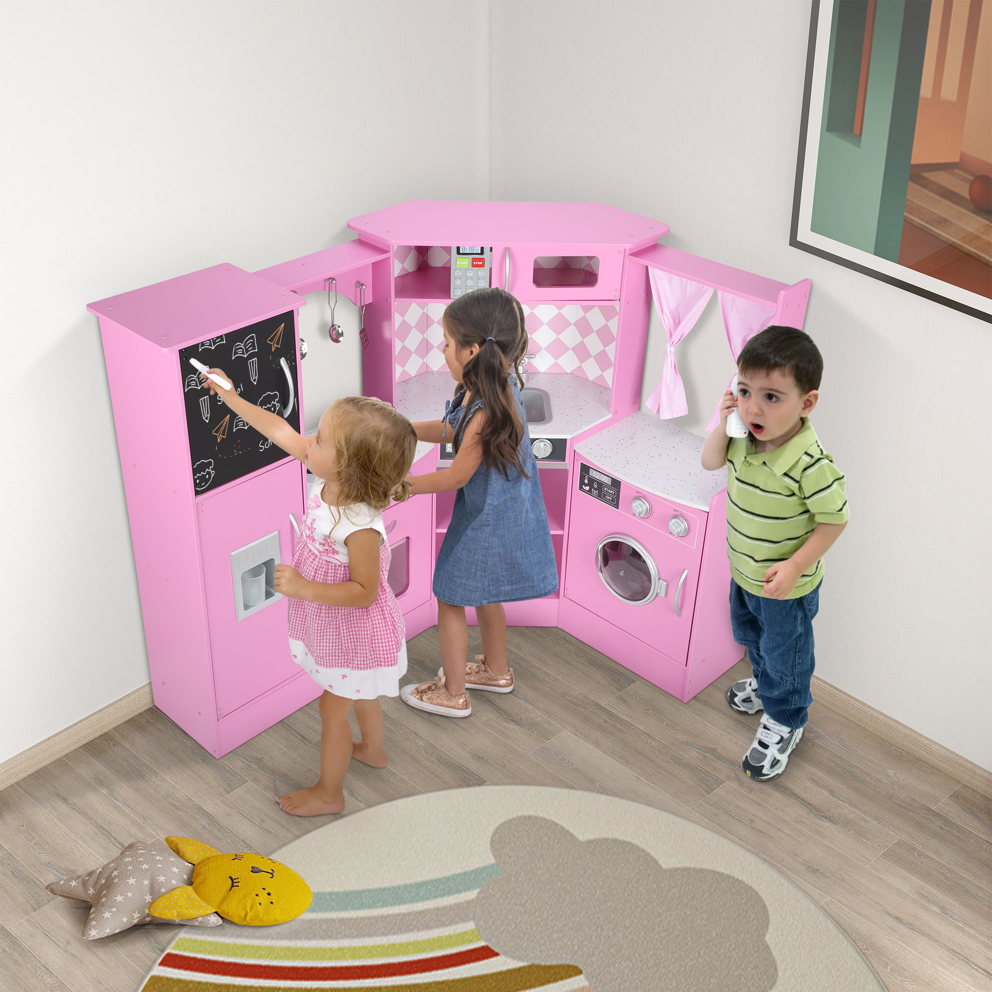 thumbnail video image 2 of iYofe Corner Wooden Play Kitchen, Kids Kitchen Playset w/Light & Sound, Phone, Microwave, Stove, Cocina de Juguete Para Niña with Cooking Toys Accessories for Toddler Ages 3-5 Boys Girls, Pink, 2 of 10
