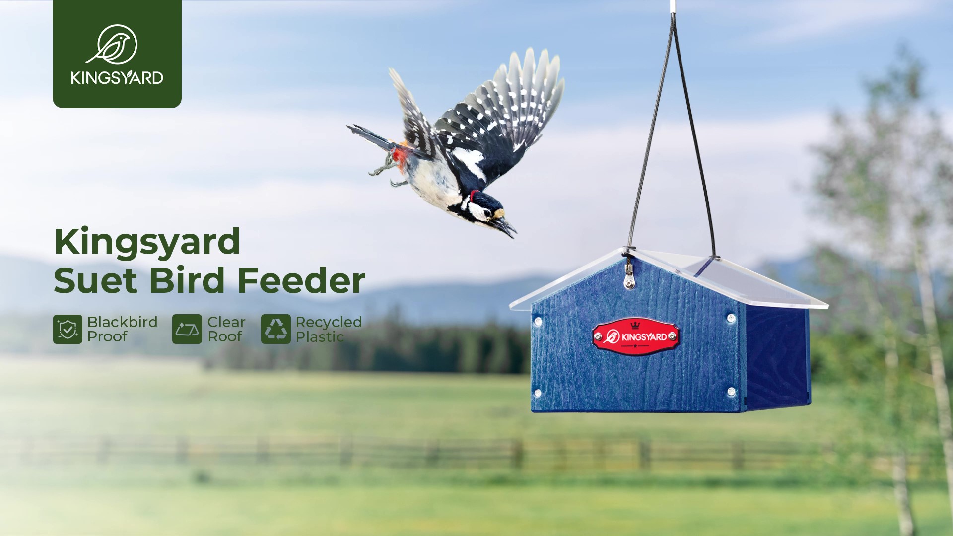 thumbnail video image 2 of Kingsyard Upside Down Double Suet Feeder for Outside Hanging - Recycled Plastic Wild Bird Feeder with Rainproof Roof for Attracting Woodpeckers Nuthatches Chickadees Finches. Blue, 2 of 7