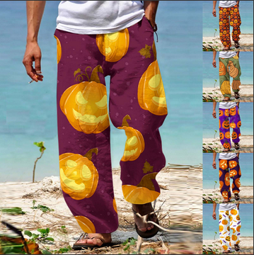 thumbnail video image 2 of HCURIBAD Baggy Pants, Pants for Men Men's Casual Pants Halloween Pumpkinhead Beach Pants with Pockets 2024 New, Halloween Pants, Halloween Pajamas, (Clearance) D 2XL, 2 of 5