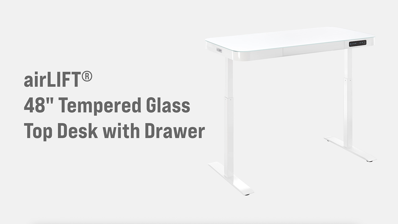 thumbnail video image 2 of Seville Classics airLIFT® Electric Height Adjustable Desk with Tempered Glass Top, USB Charging Ergonomic Sit Stand Modern Home Office Workstation, 47.5" x 24" Pull Out Drawer, White, 2 of 20