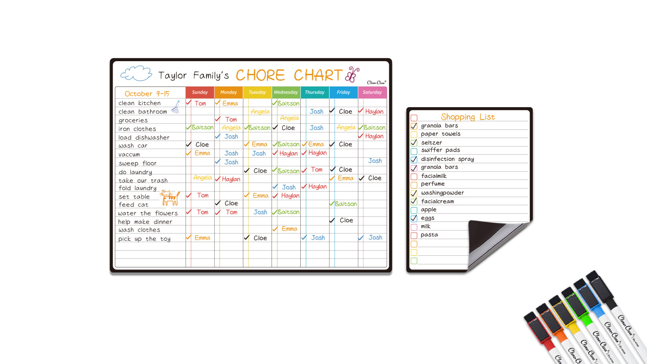 thumbnail video image 2 of Clever Clean Magnetic Dry Erase Chore Chart Board with 6 Extra Fine Point Markers, 2 Count Chore Chart & Notes Board, 2 of 8