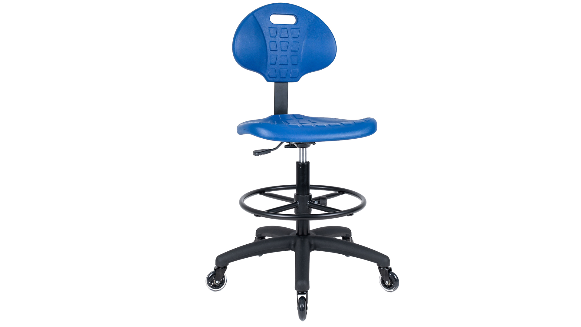 thumbnail video image 2 of TAKE UR SEAT Deluxe Polyurethane Drafting Lab Stool Chair, 18" Adjustable Footring, 8" Adjustable Height, 450 lbs seat Capacity, Heavy Duty, Built and Shipped Within 24 Hours, Blue  (Rubber), 2 of 8