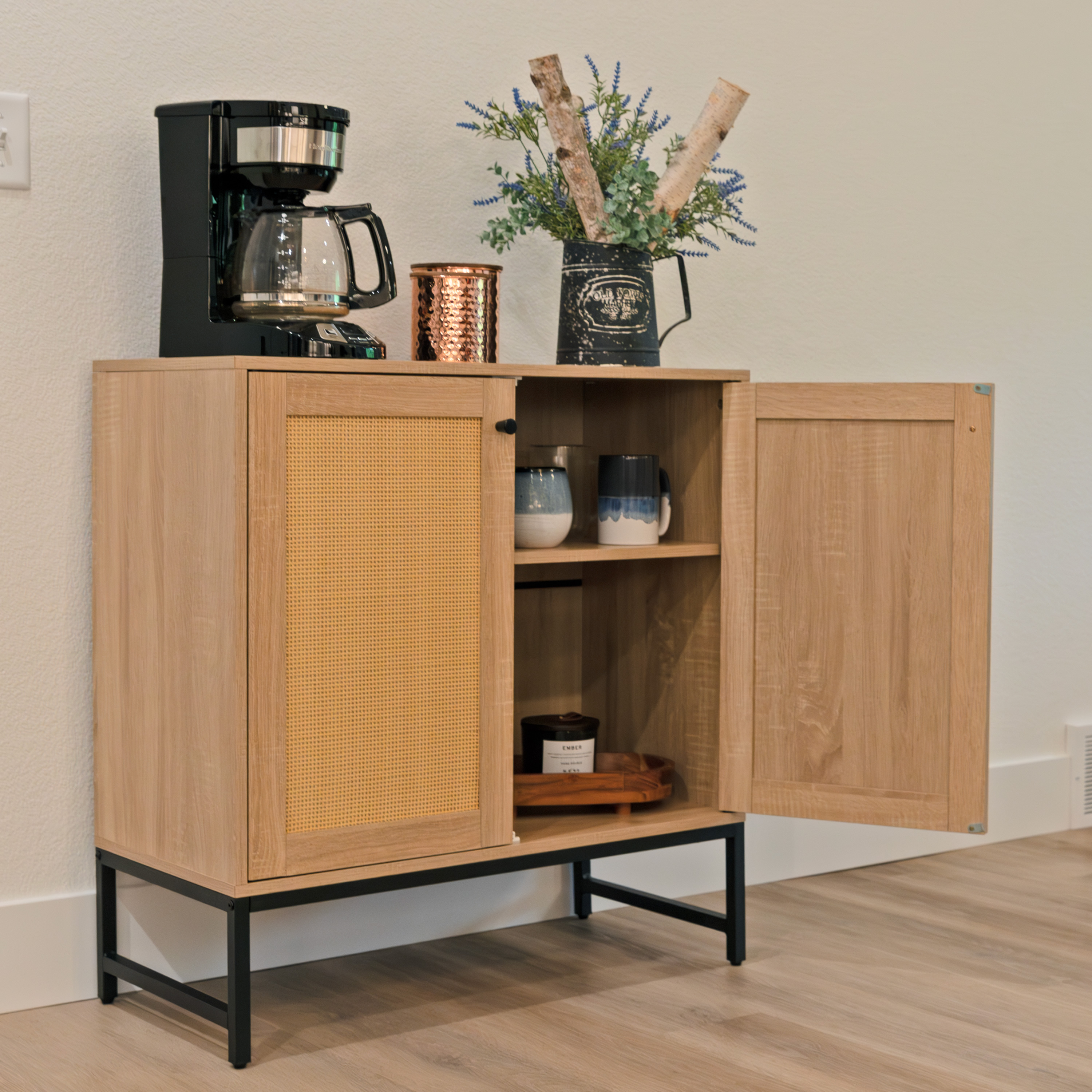 thumbnail video image 2 of Sunnydaze Modern MDF Rattan-Front 2-Door Accent Storage Cabinet with Shelf, Light Oak, 2 of 19