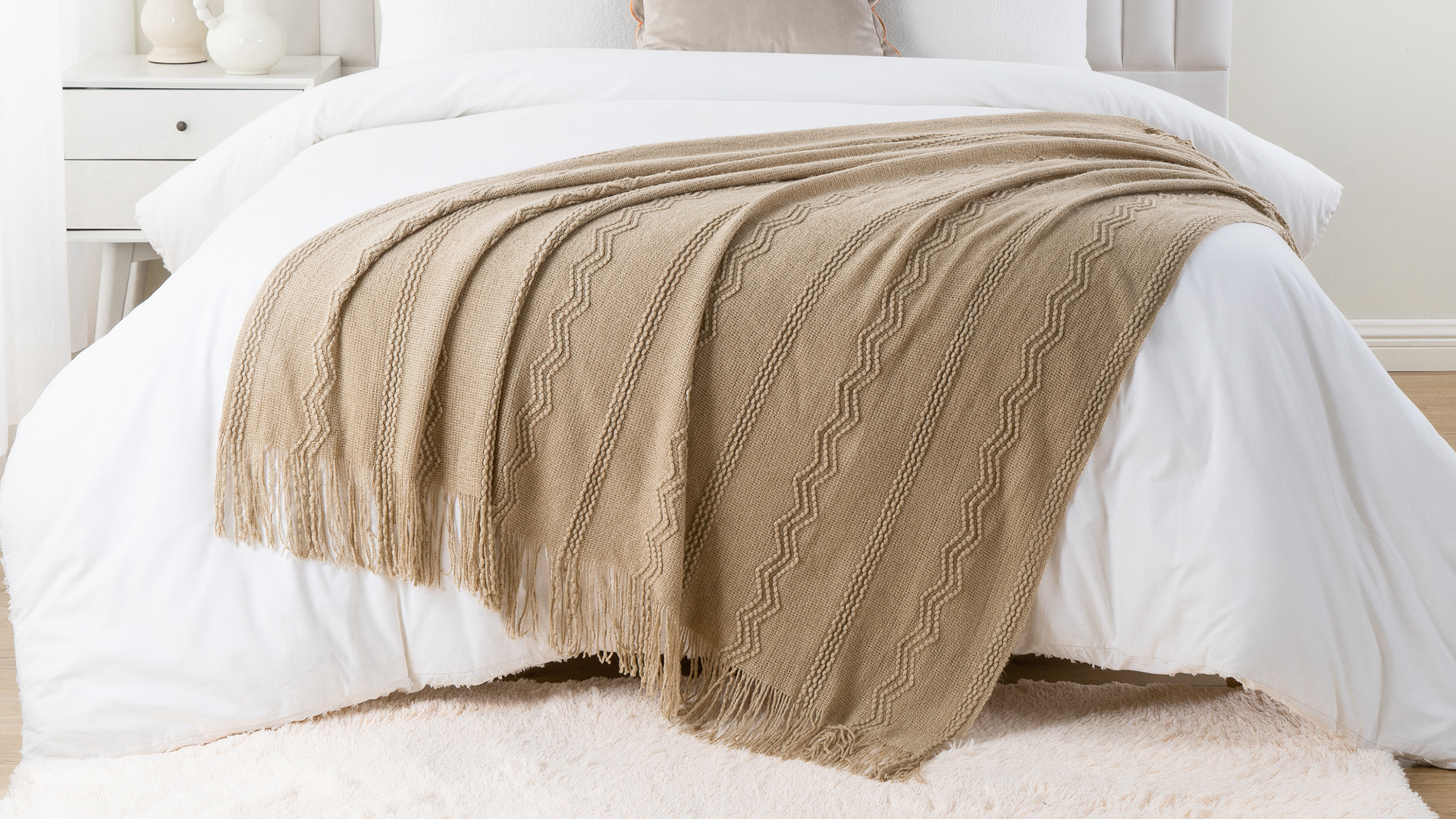 thumbnail video image 2 of Battilo Tan Throw Blanket,Lightweight Knitted Bed Blanket,Beige Throws for Living Room,50"x60", 2 of 9