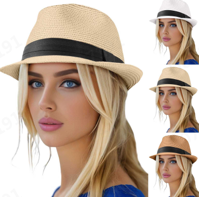 thumbnail video image 2 of GPOECD Women Straw Hat Summer Small Brim Beach Outdoor Travel Sun Visor Casual Elegant Bohemian Style White,One Size, 2 of 5