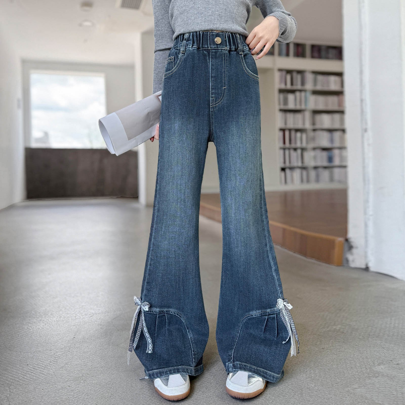 thumbnail video image 2 of Girls' Slim Fit Bow Jeans Flared Pants Medium To Large Children's Wide Leg Pants, 2 of 7