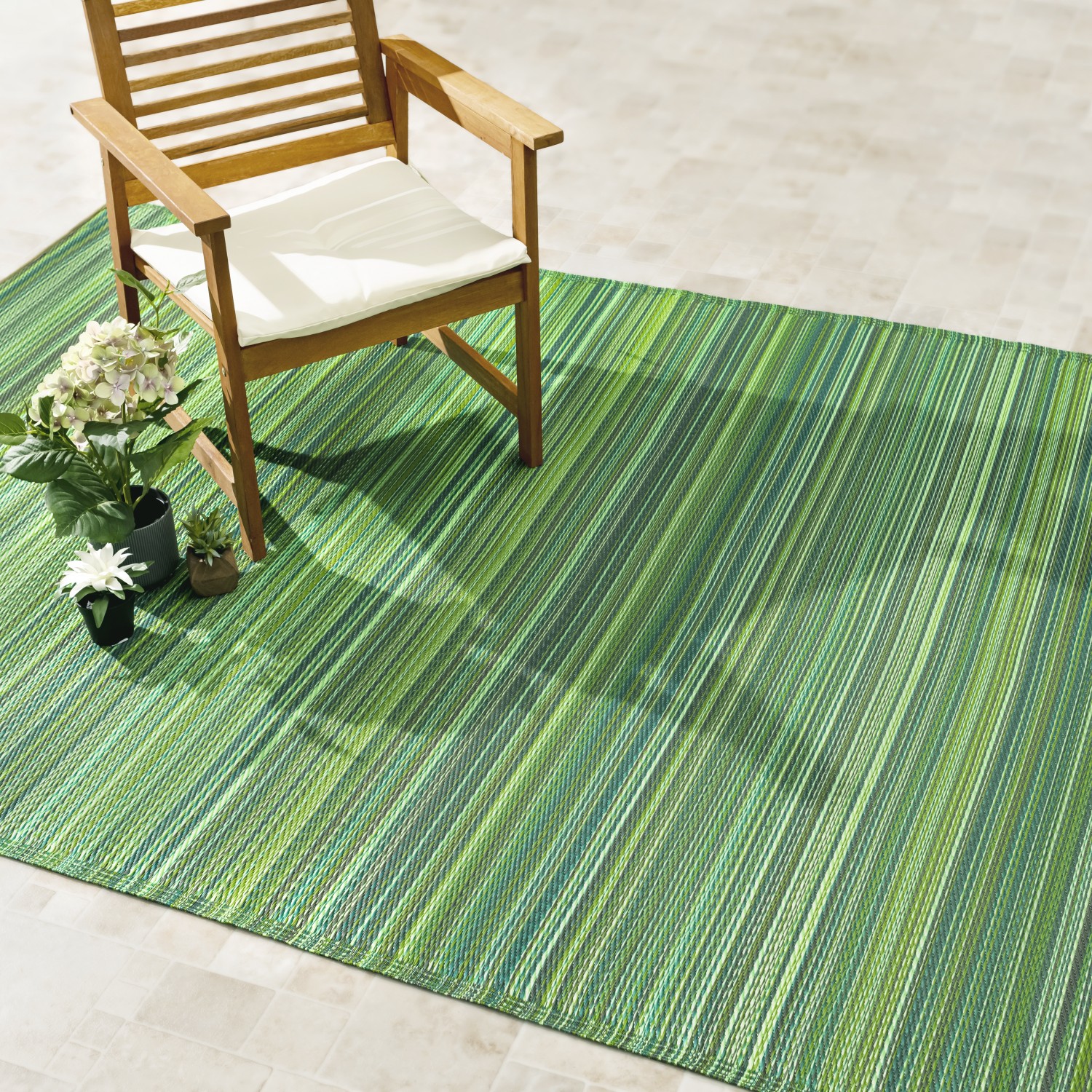 thumbnail video image 2 of Fab Habitat Striped Outdoor Rug - Waterproof, Fade Resistant, Crease-Free, Reversible - Premium Recycled Plastic - Patio Porch Balcony Deck - Cancun Green - 8x10 ft, 2 of 9