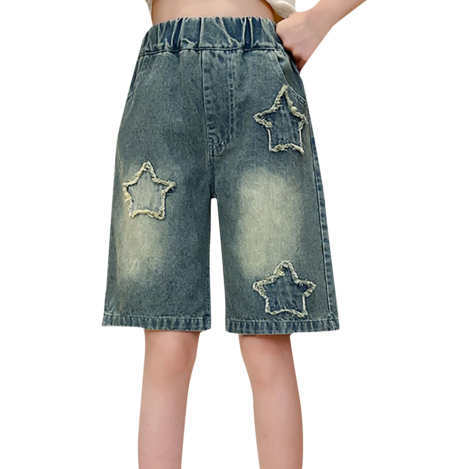 thumbnail video image 2 of Ruyang Girls Baggy Jeans Shorts Y2k Hip Hop Streetwear Denim Shorts Unisex Kid Vintage Fashion Bermuda Jorts Star Embroidery Clothes, 2 of 9