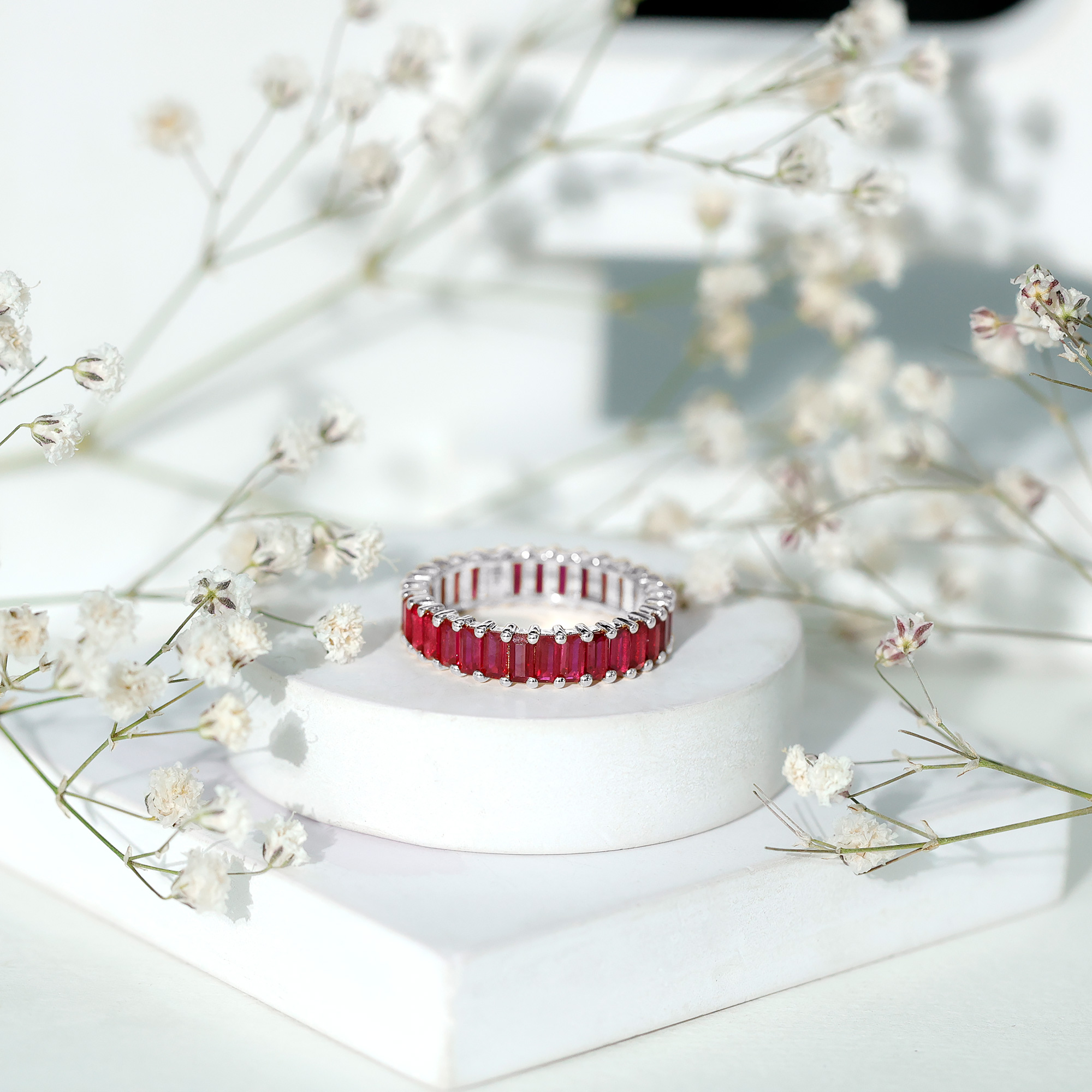 thumbnail video image 2 of Rosec Jewels Lab Grown Ruby Eternity Band for Women - Wedding Anniversary Ring - AAAA Quality Certified - with Jewelry Box, 925 Sterling Silver, US 4.00, 2 of 9