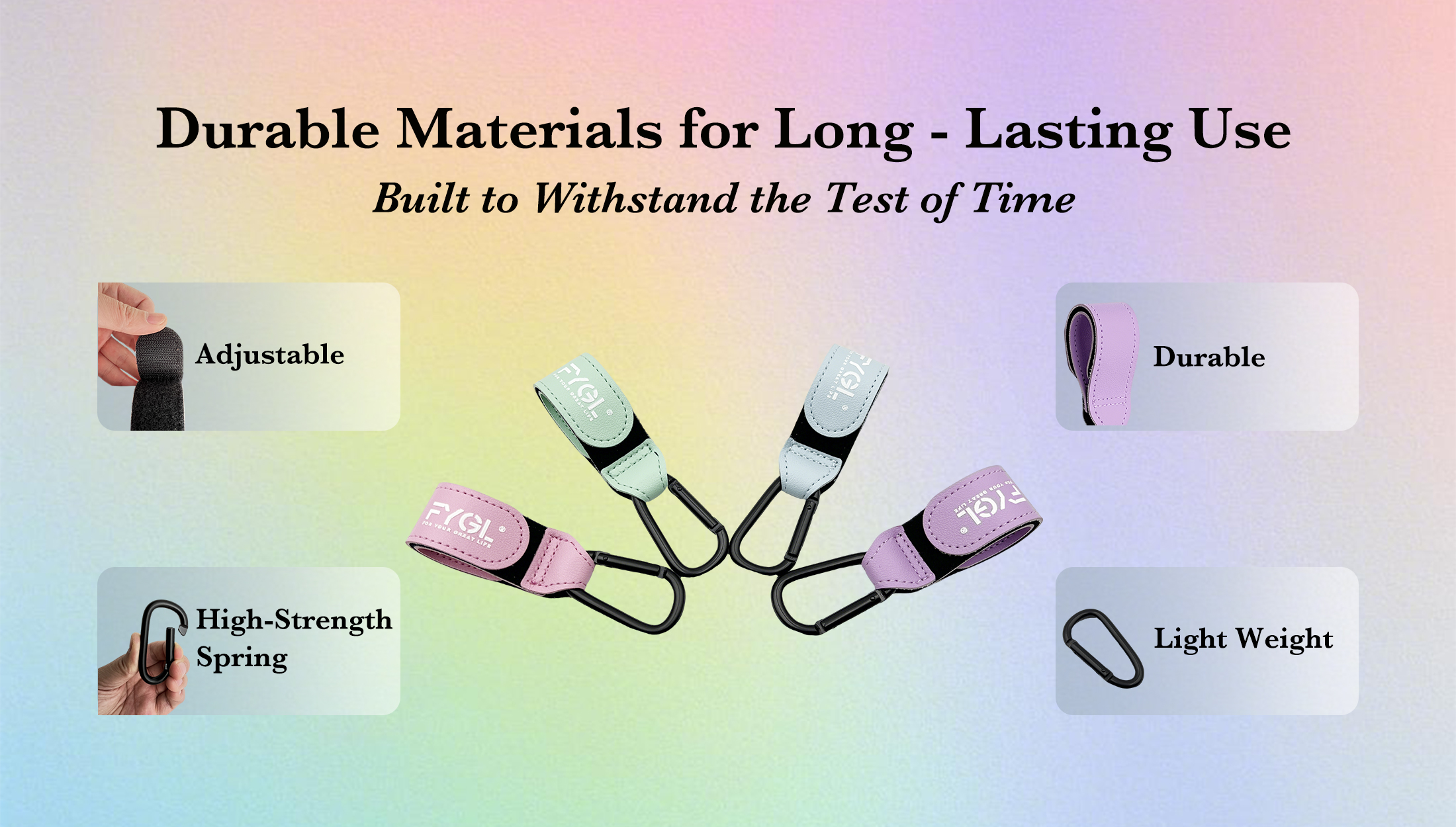 thumbnail video image 2 of FYGL Stroller Hooks - Leather Buggy Clips, Easy Attachment, Universal Stroller Clips and Hooks, 2 Pack, Oak Red, 2 of 7