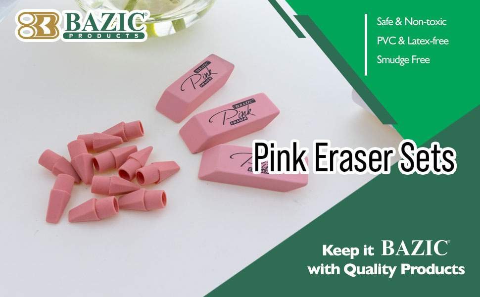 thumbnail video image 2 of BAZIC Pink Erasers Bevel + Pencil Top Erasers Set, 30-Count, 2 of 8