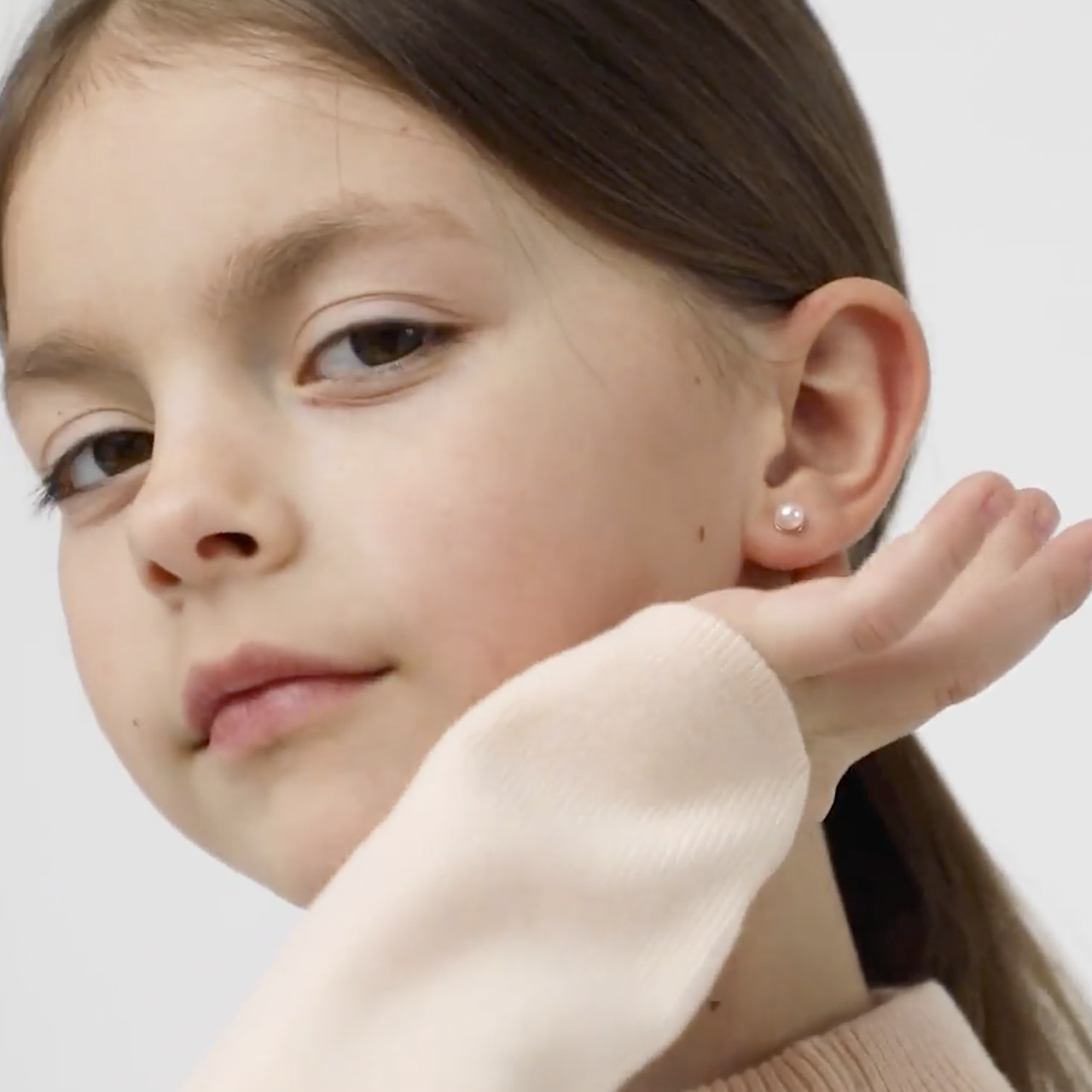 thumbnail video image 2 of 925 Sterling Silver Classic 5mm Pink Simulated Pearl Girls Earrings Toddler, 2 of 7