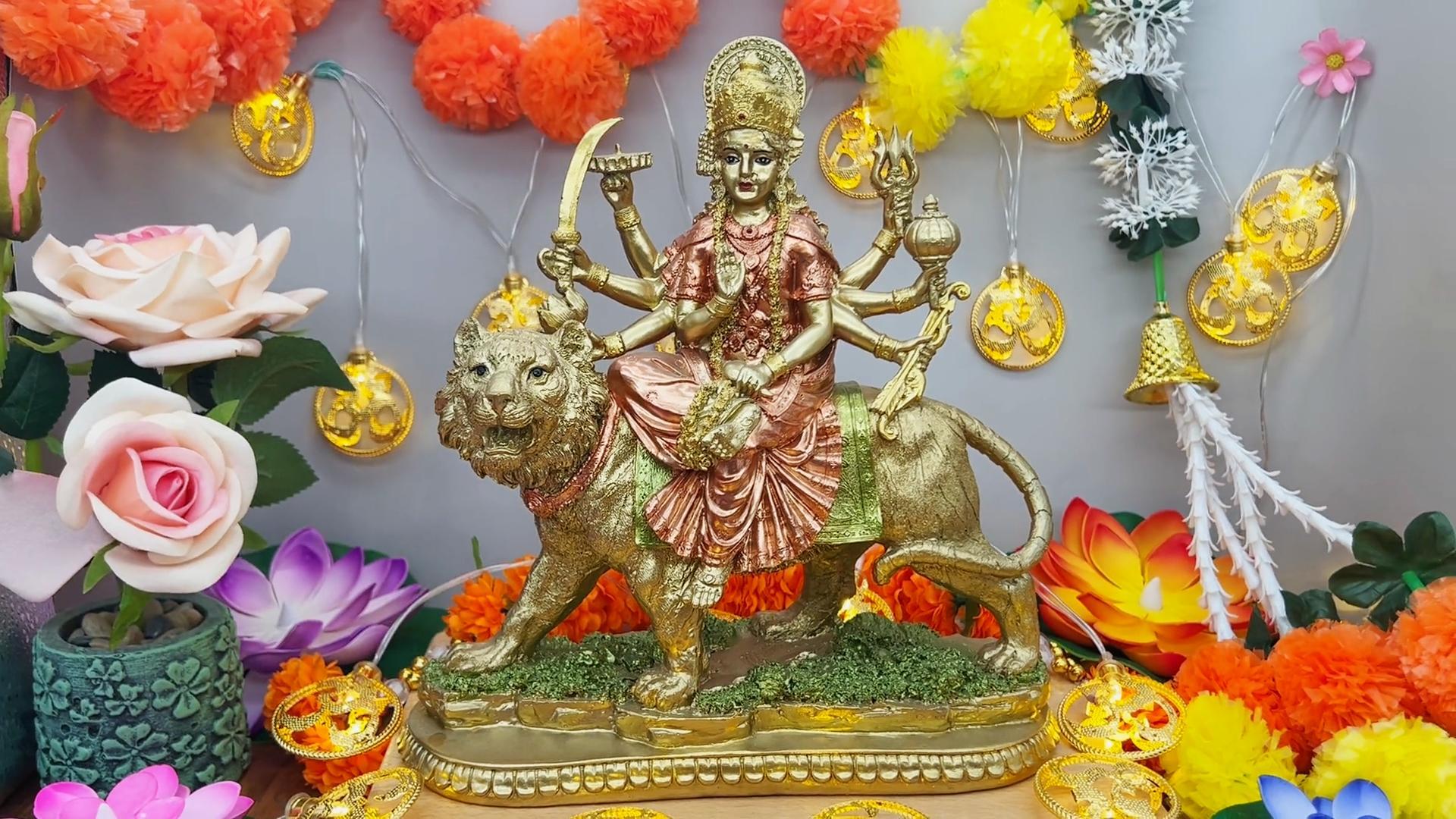thumbnail video image 2 of alikiki Hindu Goddess Lord Durga Statue - India God Antique Gold Durga Murti Idol Home Temple Puja Sculpture Indian Diwali Day Mandir Pooja Decoration, 2 of 10