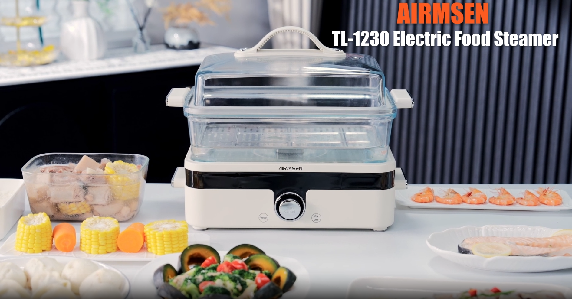 thumbnail video image 2 of AIRMSEN 8-in-1 Glass Food Steamer for Cooking, 1200W Electric Vegetable Steamer with Removable Water Tank, 12H Delay Start & Auto Warm Mode, BPA-Free, TL1230, 2 of 11