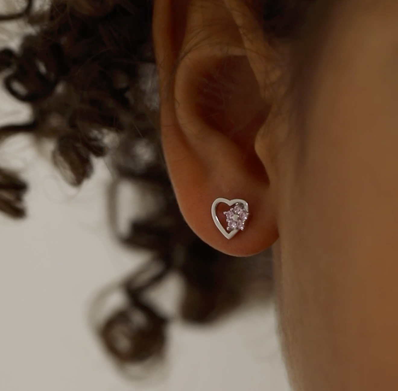 thumbnail video image 2 of Heart & Flower Pink Baby / Toddler / Kids Earrings Screw Back - Sterling Silver, 2 of 8