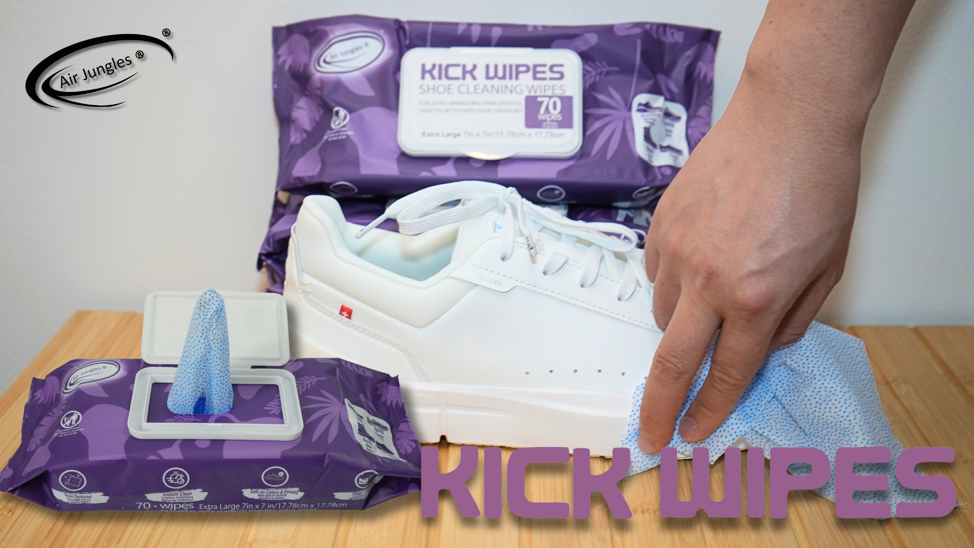 thumbnail video image 2 of Air Jungles Sneaker Cleaning Wipes 70 Ct, Fresh Scent Dual-Textured Quick Clean for White Shoes, Boots & Clogs, XL 7x7 Inch, Removes Dirt, Safe for All Colors, 2 of 9